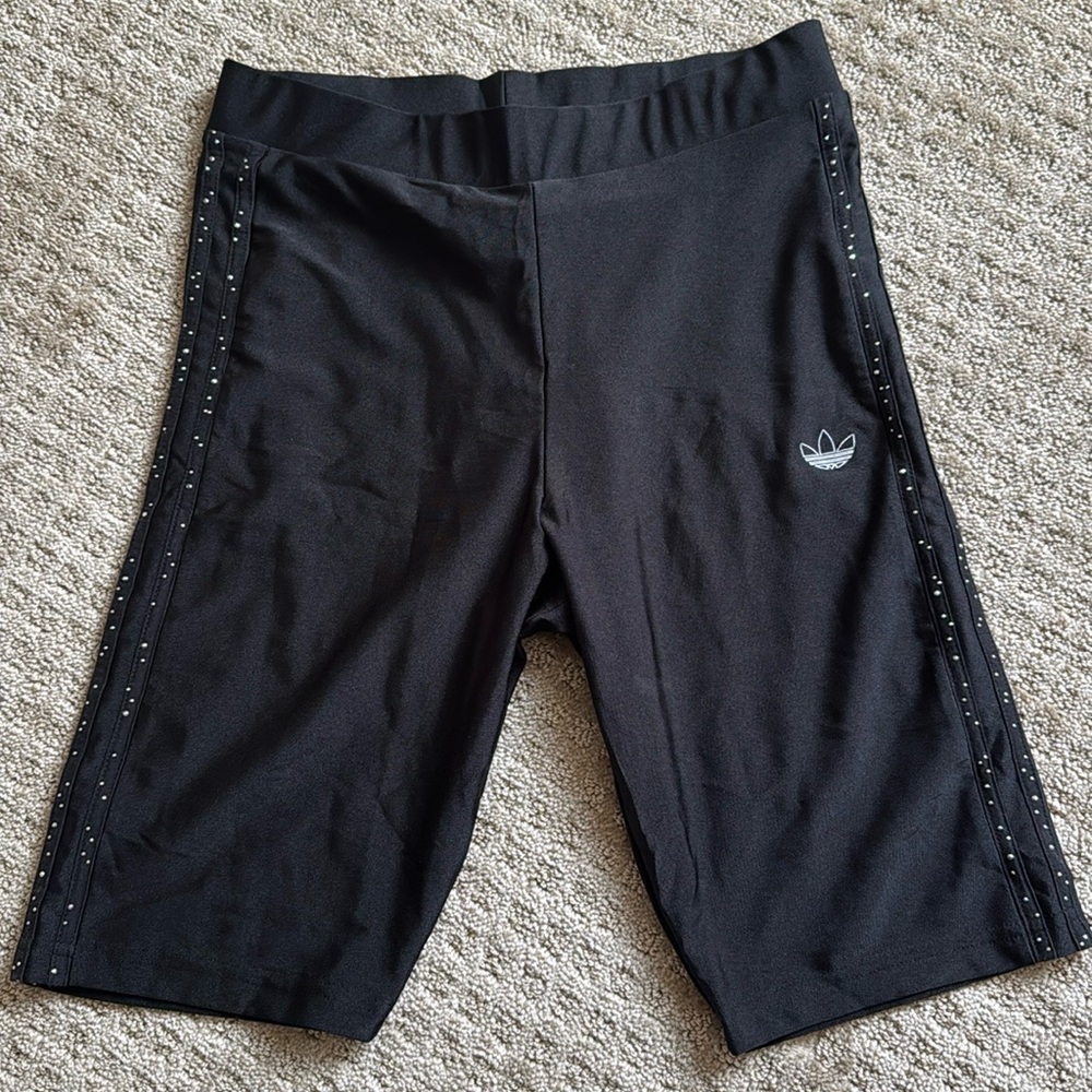 Adidas Rhinestone three stripe Mid Rise Biker Shorts size medium